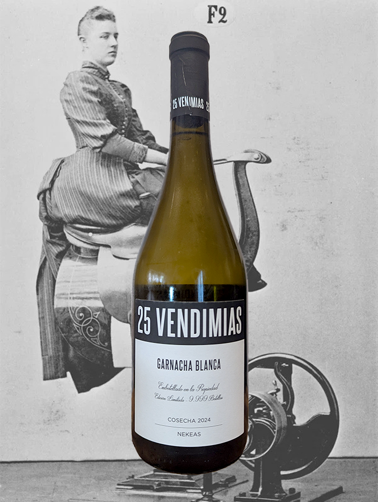 A bottle of Bodegas Nekeas '25 Vendimias' Garnacha Blanca 2024 from Navarra, Spain