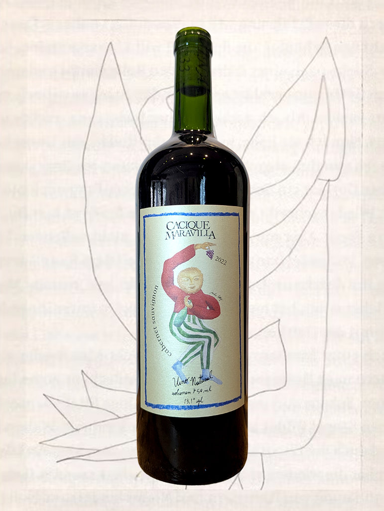 A bottle of Cacique Maravilla Cabernet Sauvignon 2022 from Bio Bio, Chile - A rich and darkly fruited Cabernet from the Bio Bio Valley - made unoaked with ancestral methods in both the vineyard and cellar.