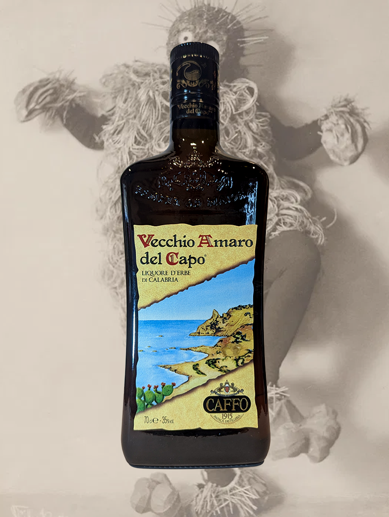 A bottle of Caffo 'Vecchio Amaro Del Capo' Amaro from Calabria, Italy - A mix of twenty-nine herbs, flowers, fruits and roots from Calabria’s beautiful land.