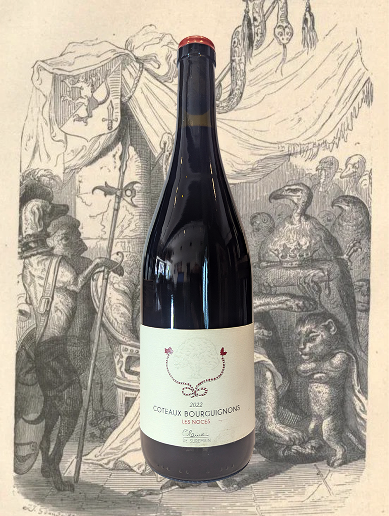 A bottle of Clarisse de Suremain ‘Les Noces’ Rouge 2022 from Burgundy, France - A rare Burgundian Gamay-Pinot Noir blend.