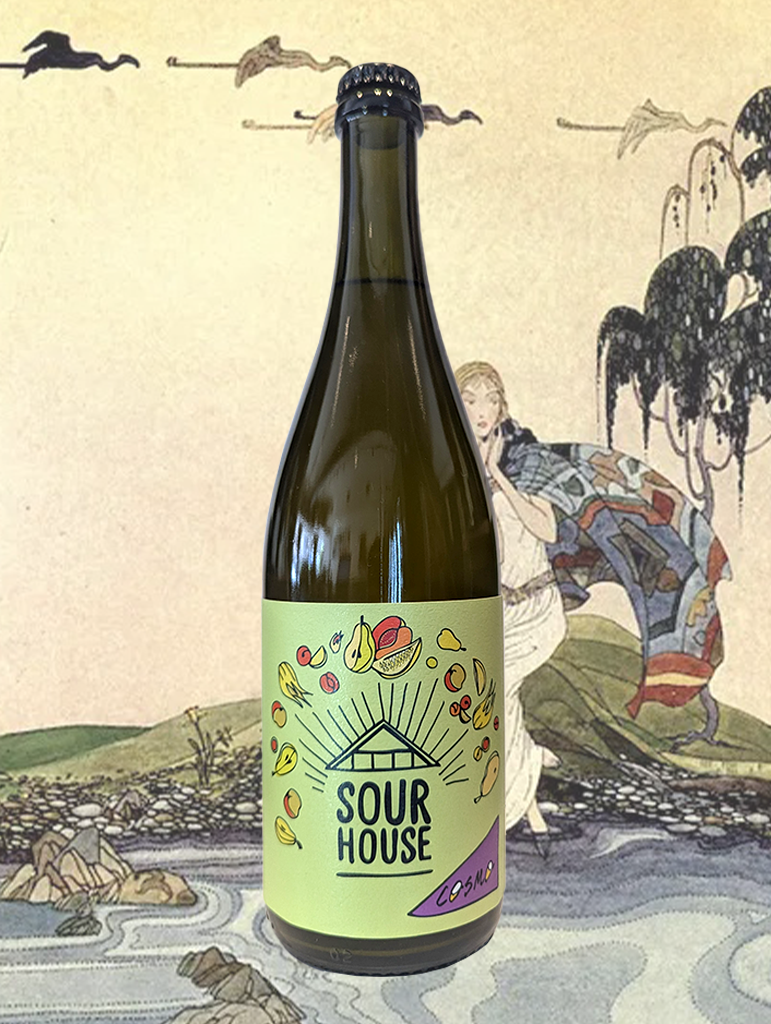A bottle of Cosmo 'Sour House' Kettle Soured Wheat Beer from Bathurst, NSW - Kettle Soured Wheat Beer brewed with 100% organic NSW grains. Soured with Greek yoghurt overnight before boil and mixed culture fermentation. Dry hopping with Nelson Sauvin bringing flavours of lemon curd, green pear, gooseberry and nectarine. A great palate cleanser and perfect match with Seafood.