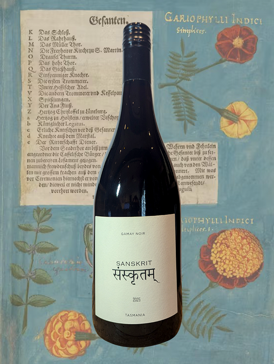 A bottle of Domaine Simha 'Sanskrit' Gamay 2025 from Tasmania - Single vineyard Tasmania Gamy - elegant, lithe, and a hint of wilderness for good measure.