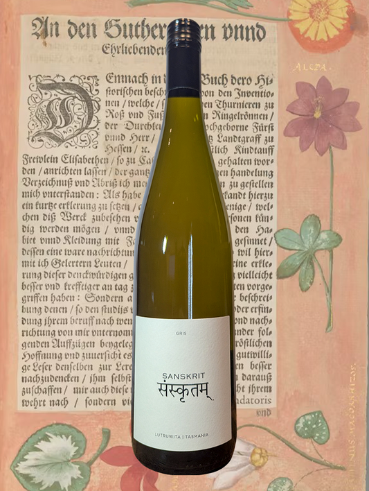 A bottle of Domaine Simha 'Sanskrit' Pinot Gris 2025 from Tasmania - An exotic and textured Pinot Gris made in the Romato style - a Skin Contact Rose.