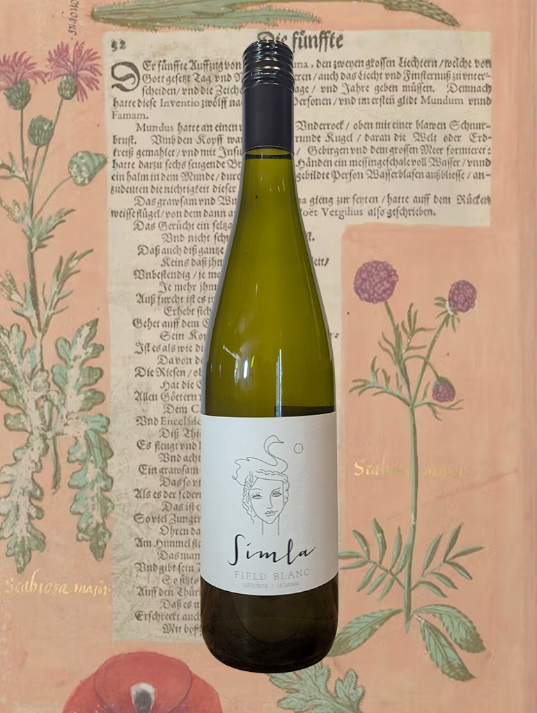 A  bottle of Domaine Simha 'Simla Blanc' Field Blend 2024 from Tasmania - A fresh and wild White field blend, showcasing the Derwent Valley's prestine terroir.