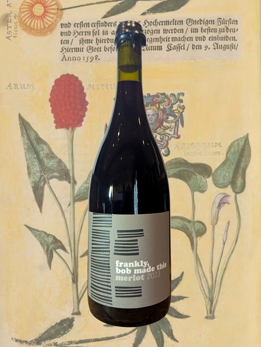 A bottle of Frankly, Bob Made This Merlot 2023 from Orange, NSW - A soft, relaxingly smooth, and herbal Merlot - another wonderful sip made by Bob.