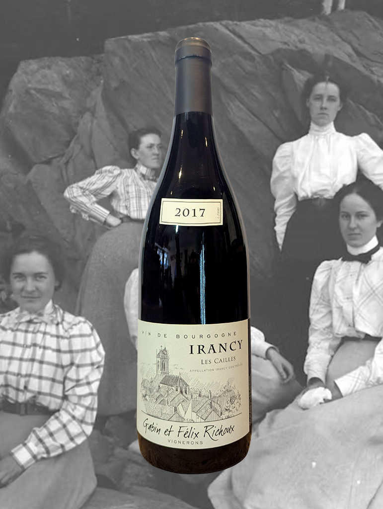 A bottle of Gabin et Felix Richoux 'Les Cailles' Irancy 2017 from Burgundy, France - Richly fruited in flavour, strawberry, and redcurrant on the fore with more red and dark fruits behind, vanilla and clove spices, and alpine shrubbery, which gives way to savoury woodland undergrowth, mushroom, and moist earth.