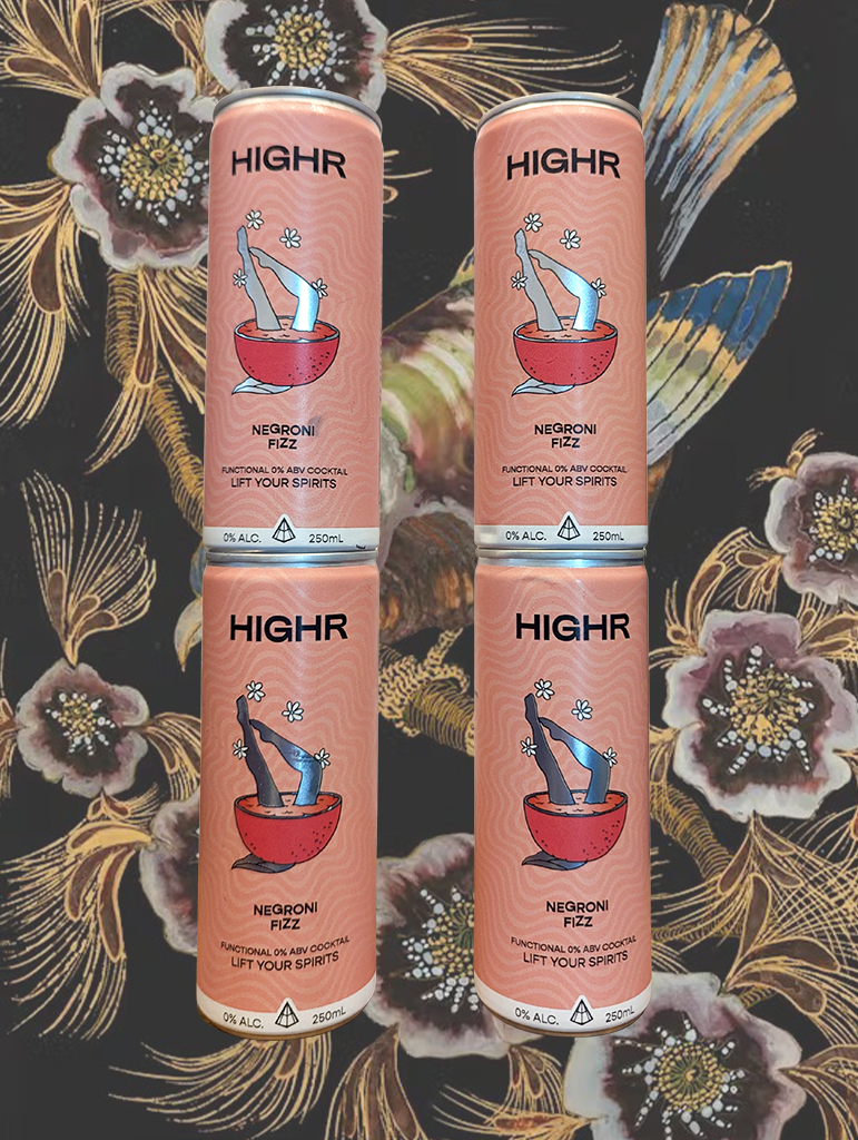 A can of HIGHR 'Negroni Fizz' Non-Alcoholic from NSW, Australia - This isn’t just some orange drink. It’s a Negroni-inspired elixir infused with brain-boosting nootropics and body-calming adaptogens.