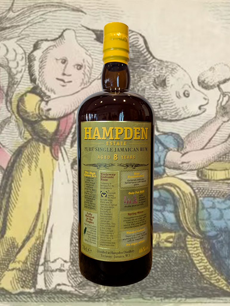 A bottle of Hampden Estate 'Aged 8 Years' Pure Single Rum from Jamaica - Bold and tropical, with notes of pineapple, banana, orange zest, and warm spice. Almost smoky in its rawness. The palate brings ginger, banana, cinnamon and clove, balanced by darker notes of chocolate and coffee. Long finish—like drinking apple-mint pie, in the best way. Very tasty.