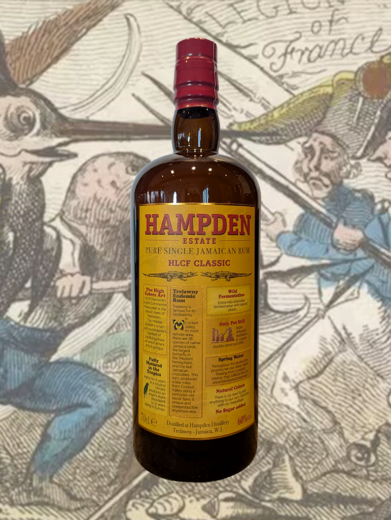 A bottle of Hampden Estate 'HLCF' Pure Single Rum from Jamaica - Bam bam aromas upfront of aged banana, citrus and very ripe pineapple with Jamaican glue and acetone. Savoury and tropical?!? Ginger, mango, good medicine, vintage banana bread, brine and olives all fight my face. Hot complex finish of dark coffee, papaya and artisan fermented goods. The car is on fire but damn if I don't love it.