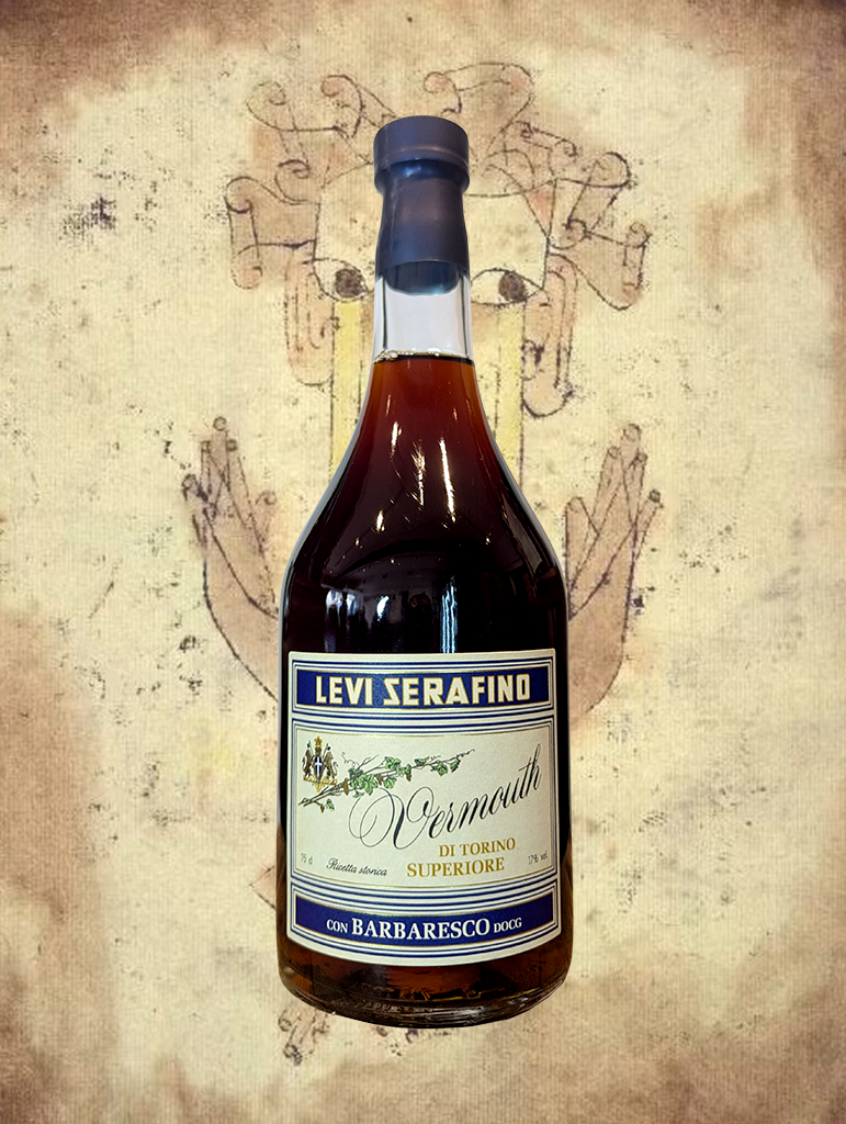 A bottle of Levi Serafino Vermouth di Torino Superiore Barbaresco from Piemonte, Italy - A bittersweet and floral vermouth made from Nebbiolo grapes grown in the Barbaresco region.