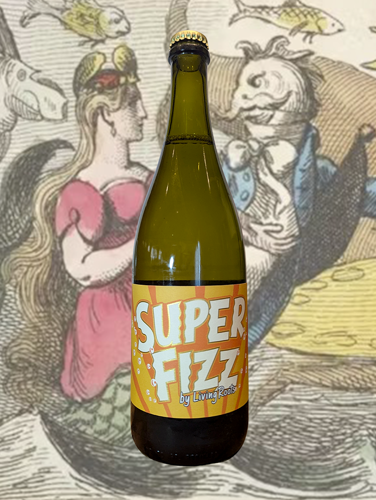A bottle of Living Roots 'Super Fizz' Sparkling 2021 from South Australia - Off-dry bubbly, with floral citrus, racy acidity, and tons of richness on the palate. Tangy, fizzy, delicious flavour all round.