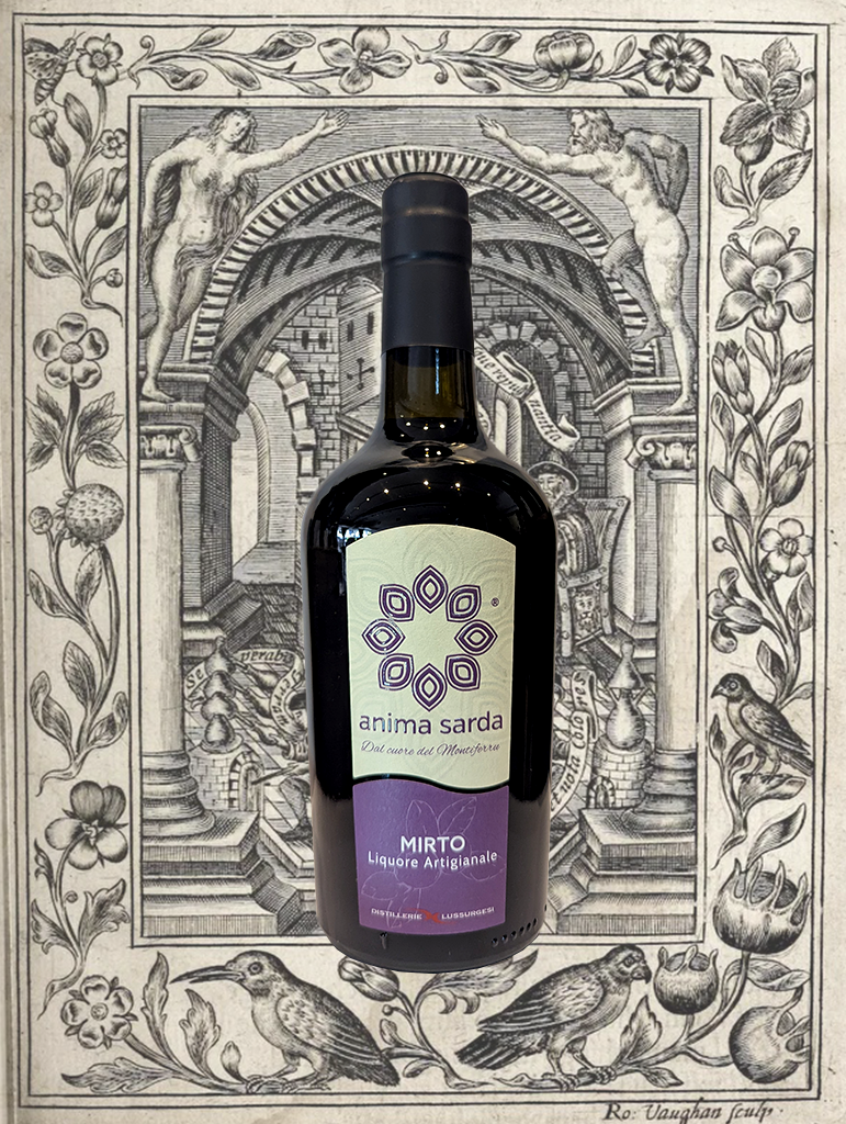 A bottle of Lussurgesi Judu Mirto from Sardinia, Italy - Liqueur made from Sardinian myrtle berries macerated in alcohol for a couple months and then sweetened.