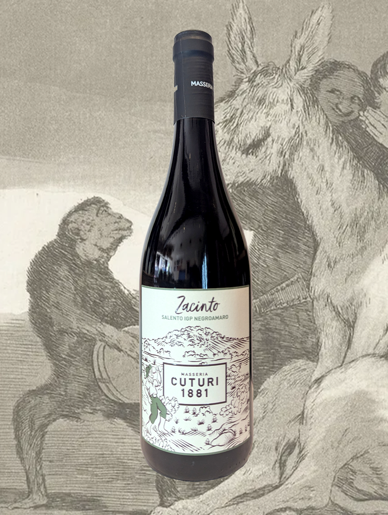 A bottle of Masseria Cuturi 'Zacinto’ Negroamaro Salento 2024 from Puglia, Italy - An intense and deeply flavoured red that is filled with Southern Italian charm.