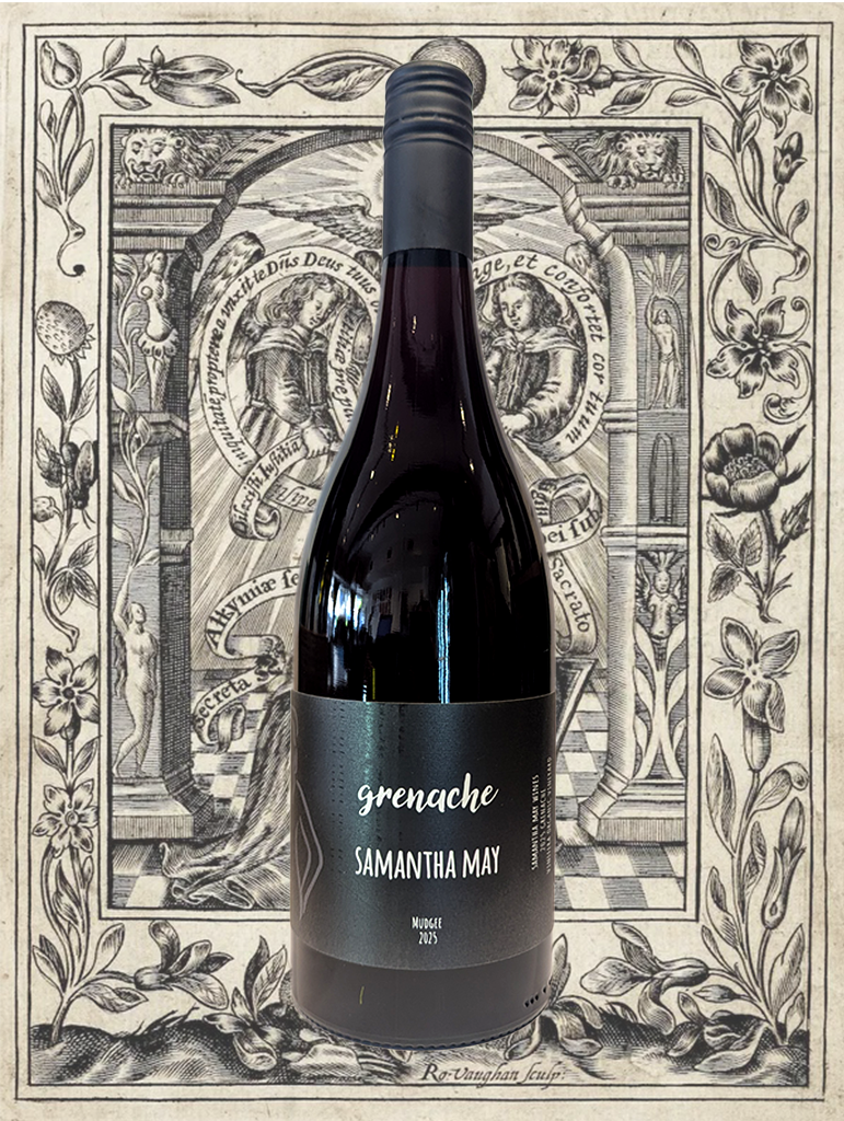 A bottle of Samantha May Grenache 2025 from Mudgee, NSW - It's supple, spicy, and ethereal. Bright raspberry and strawberry fruit, white pepper and a touch of oak spice, and the barest hint of earth. Medium bodied and dry.