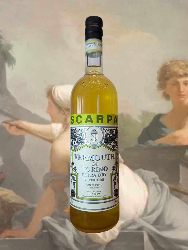 A bottle of Scarpa Vermouth di Torino Extra Dry from Piemonte, Italy - Mix of sugar, alcohol, wine and extract of thirty herbs. 100% Cortese del Monferrato is used as base wine here and gentian and artemisia stick out particularly well.