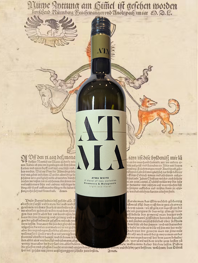 A bottle of Thymiopoulos 'ATMA' White 2023 from Macedonia, Greece - Fresh citrus, stone fruit, orange blossom, and subtle spiced notes on the nose.