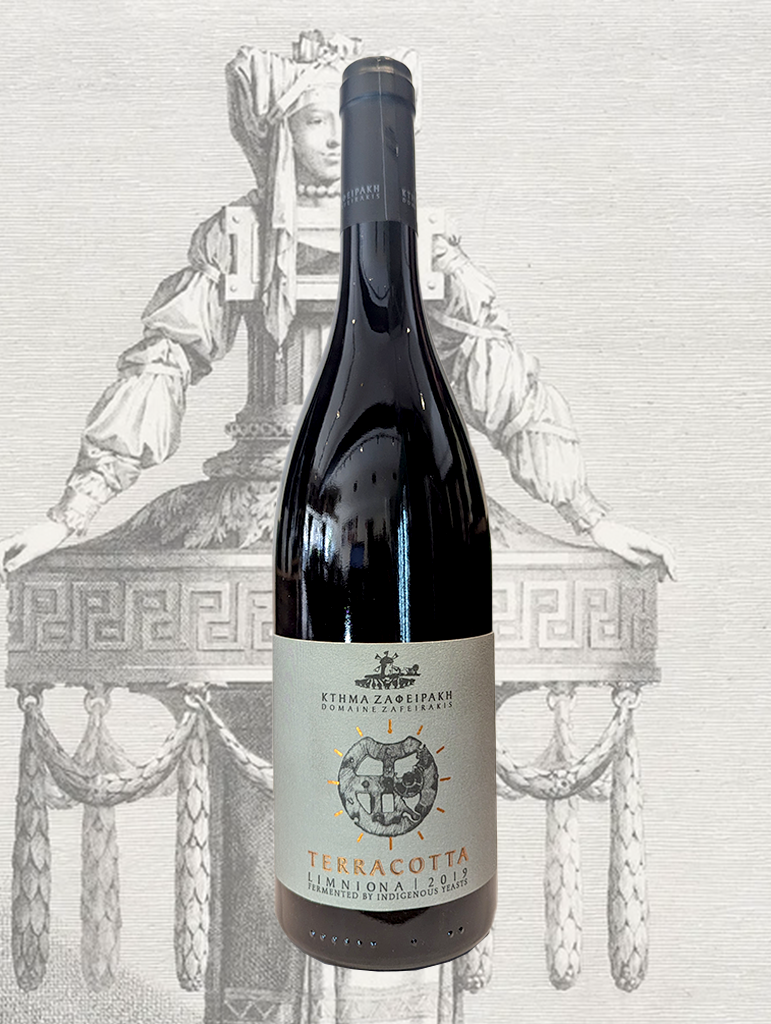 A bottle of Zafeirakis 'Terracotta' Limniona 2019 from Tyrnavos, Greece - Rustically complex single vineyard Limniona from the slopes of Thessaly.