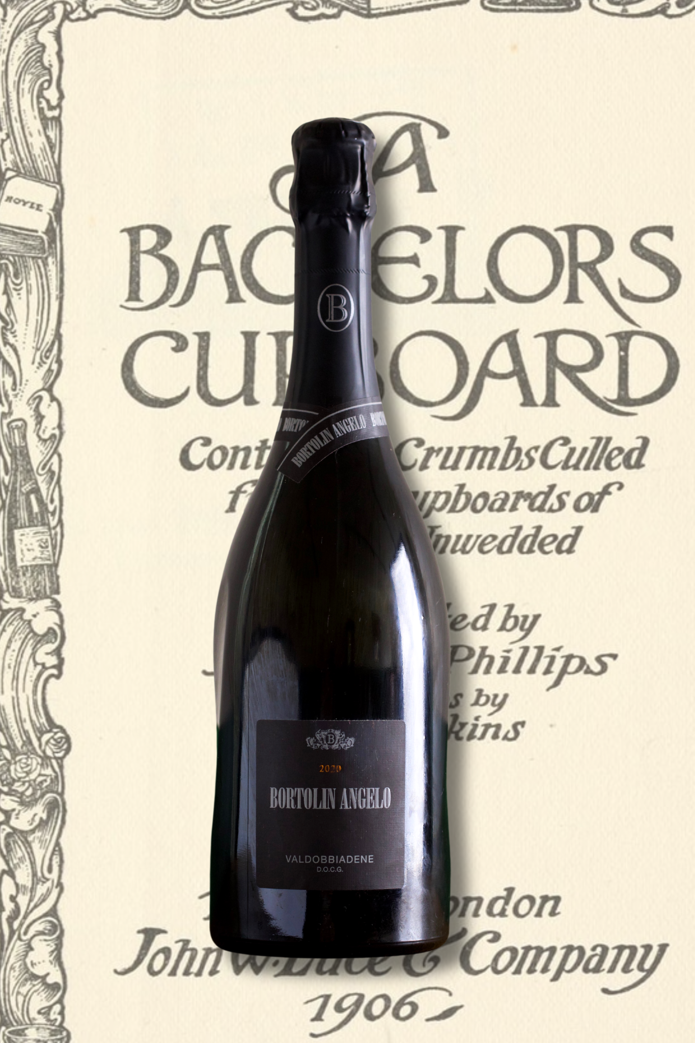 Angelo Bortolin Prosecco 2023 bottle, Valdobbiadene DOCG, photographed for Goblin Wine Shop. Crisp sparkling wine from Veneto, Italy, made from Glera grapes.