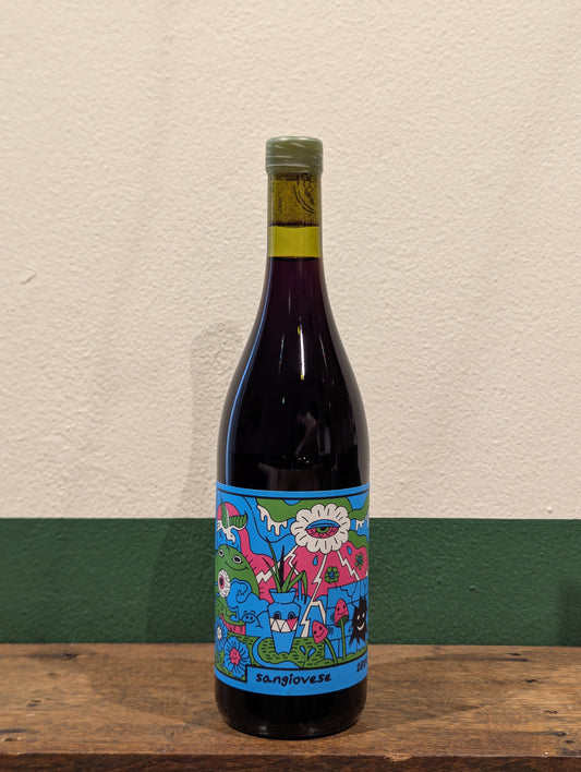 Bottle of Front Left Sangiovese 2024 from Mudgee, NSW—light red wine with cherry, pomegranate, and soft tannins. Chillable and easy-drinking.