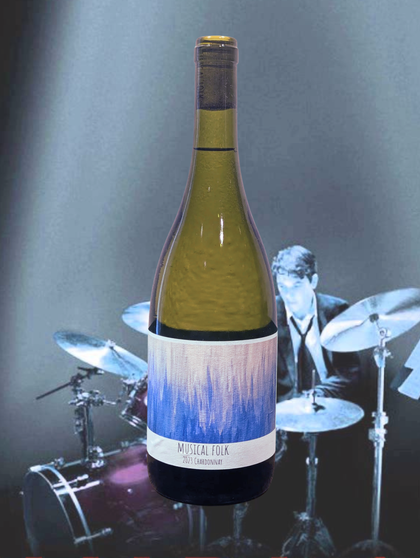 Musical Folk Chardonnay 2024 bottle in front of Whiplash drum scene – Yarra Valley wine meets jazz drama