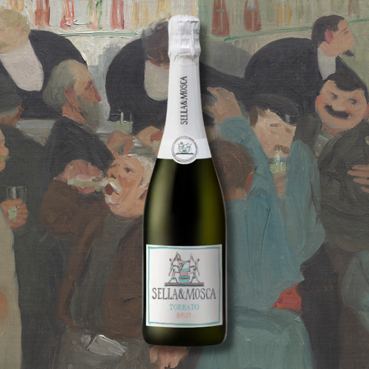 Sella & Mosca Brut Torbato bottle against a vintage painting of a lively Italian bar scene