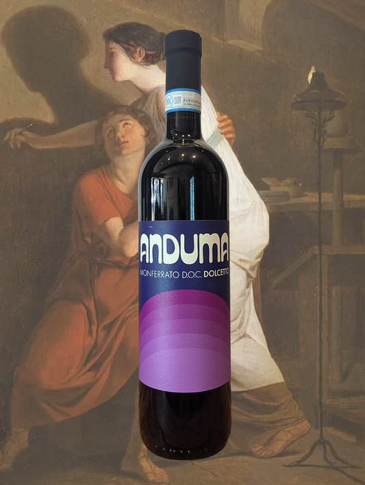 A bottle of Anduma Monferrato Dolcetto 2024 from Piemonte, Italy - A soft and slurpy Dolcetto, it's Piemonte's answer to a lunchtime Red. 