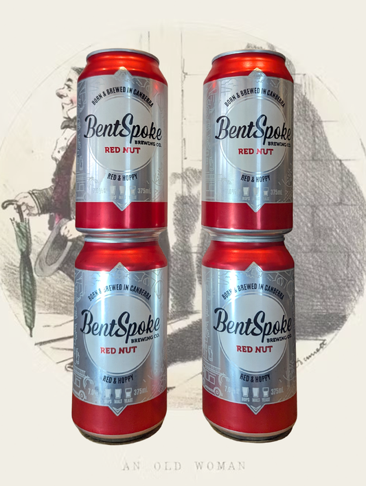 A can of BentSpoke 'Red Nut' Red IPA from Braddon, ACT - A Red IPA with a resiny hop and caramel malt character. Red Nut received a Silver Medal at the 2021 International Brewing Awards and a Bronze Medal at the World Beer Cup in 2018.