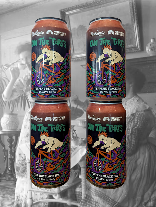 A can of BentSpoke x Mountain Culture 'On The Terps' Terpene Black IPA from the ACT - This Terpene Black IPA pours deep black with a tan, foamy head. This beer brings a serious aroma: think pine forests after rain, citrus peel, and that unmistakable herbaceous hit only terpenes can deliver. A rich roasty malt backbone meets punchy bitterness and layers of grapefruit, passionfruit, and pine. The terpene profile adds a bold, resinous twist that lingers like your mate who definitely knows too much about hops. 