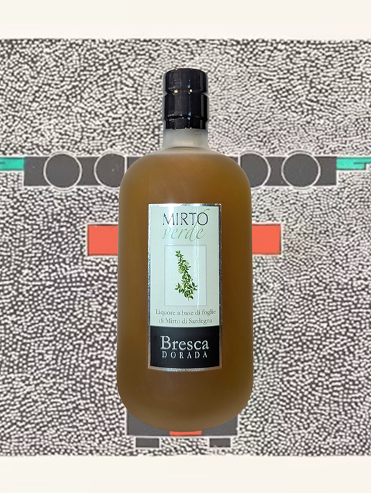 A bottle of Bresca Dorada 'Mirto Verde' Liqueur from Sardinia, Italy - Mirto is the famous liqueur digestive of Sardinia and Corsica. Made from Myrtle berries macerated in alcohol for a couple of months and then sweetened.