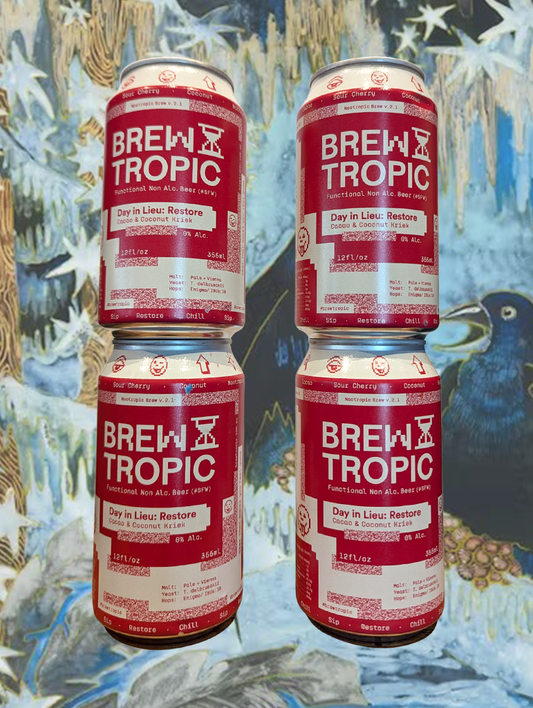 A can of Brewtropic 'Day In Lieu' Cherry + Magnesium Non-Alcoholic Beer from NSW, Australia - Seasonal cherries, toasted coconut, rich cocoa—a Belgian-style Kreik inspired by Cherry Ripe. Tart, fruity, and super high in magnesium. 