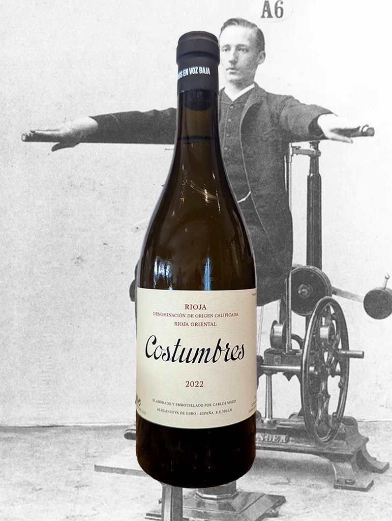 A bottle of Carlos Mazo 'Costumbres' Blanco 2022 from Rioja, Spain