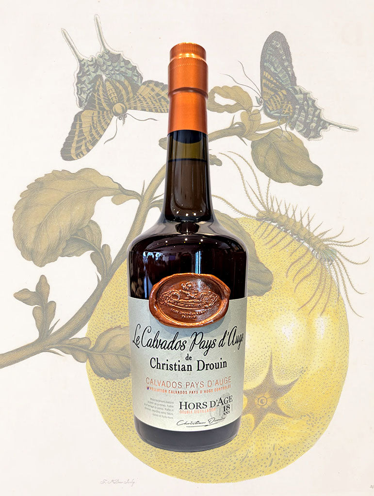 A bottle of Christian Drouin 'Pays d'Auge Hors d'Age 18 Years' Calvados from Normandy, France
