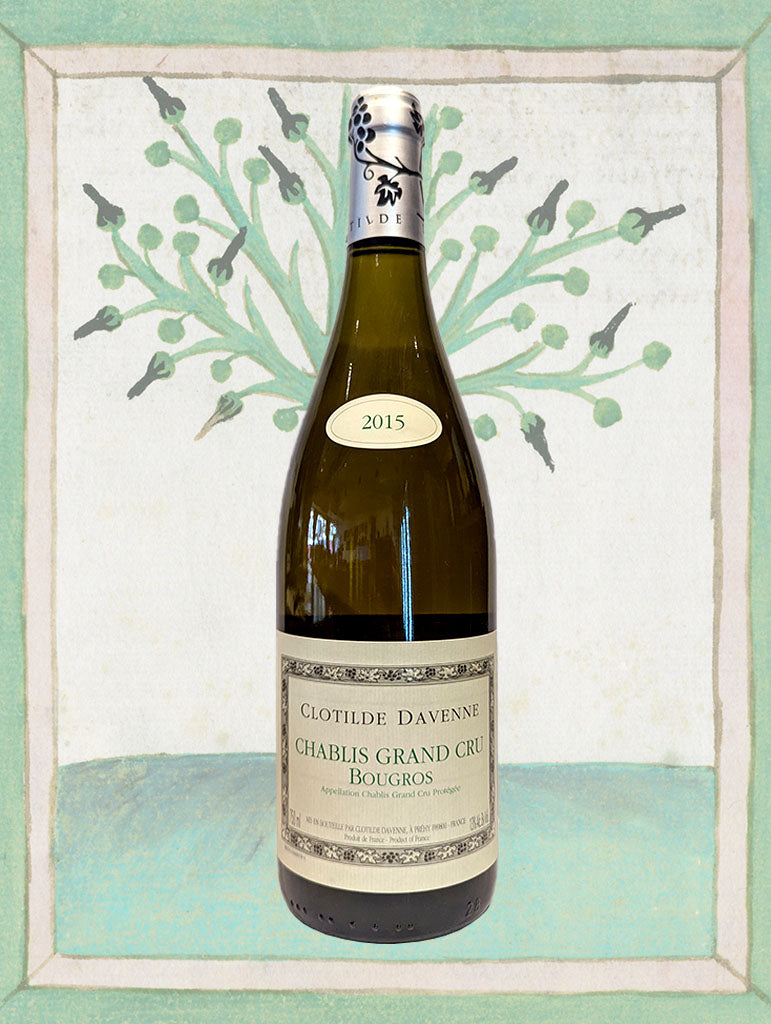 A bottle of Clotilde Davenne Chablis Grand Cru Bougros 2015 from Burgundy, France