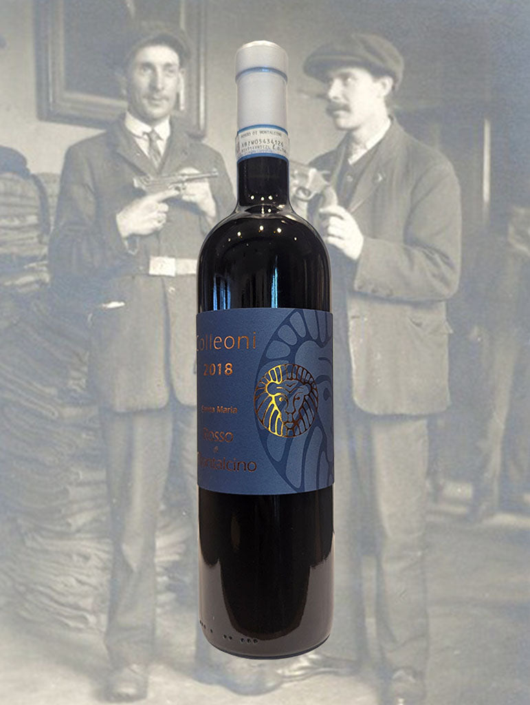 A bottle of Colleoni Rosso di Montalcino 2018 from Tuscany, Italy