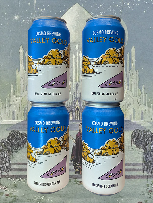 A can of Cosmo 'Valley Gold' Refreshing Golden Ale from Bathurst, NSW - Refreshing Golden Ale brewed with 100% organic NSW grains. Flavours of light toffee and honey balanced by stone fruit and tropical aromas. 