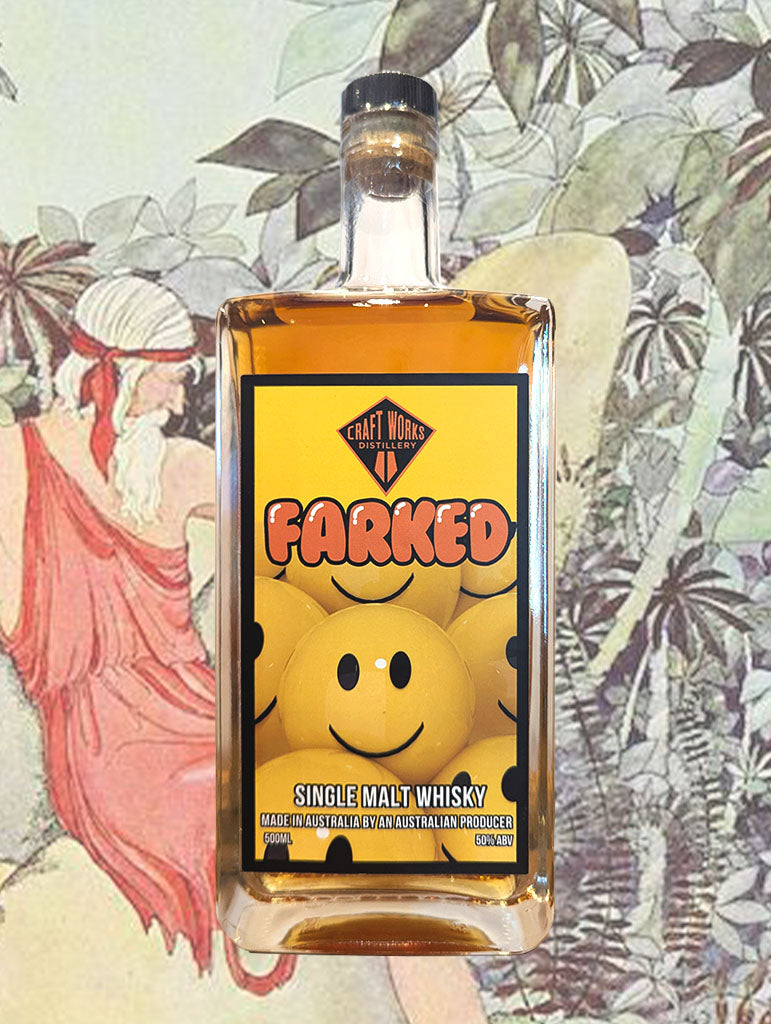 A bottle of Craft Works 'Farked' Single Malt Whisky from Capertee, NSW