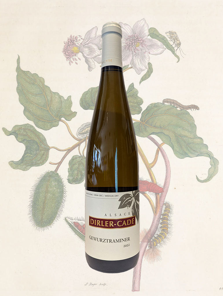 A bottle of Dirler-Cade Gewurztraminer 2022 from Alsace, France