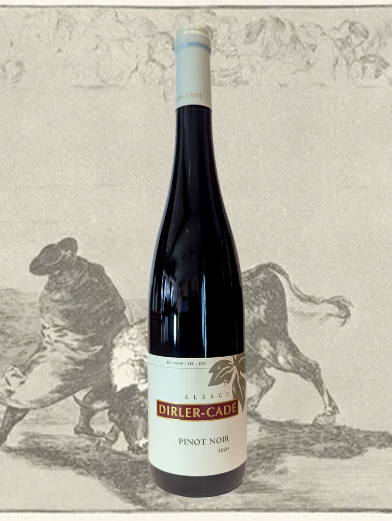 A bottle of Dirler-Cade Pinot Noir 2020 from Alsace, France - A charming and powerful Alsatian Pinot Noir. 
