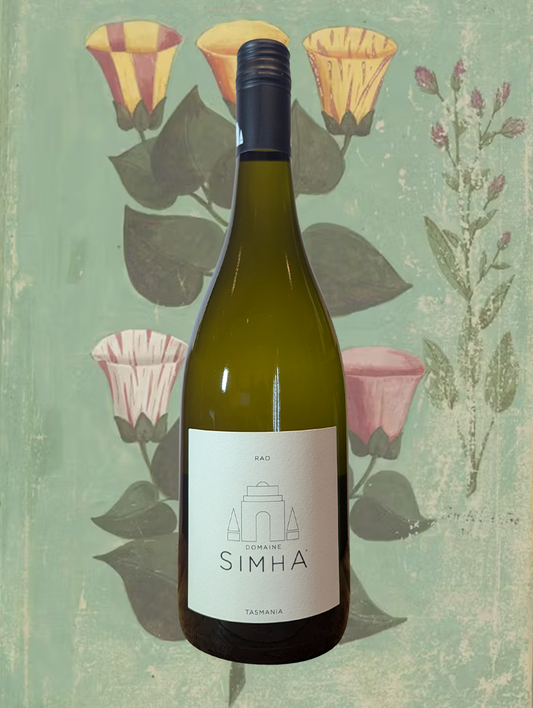 A bottle of Domaine Simha 'Rao' Chardonnay 2024 from Tasmania - An elegant Tasmanian Chardonnay evoking the tones of new French oak. 