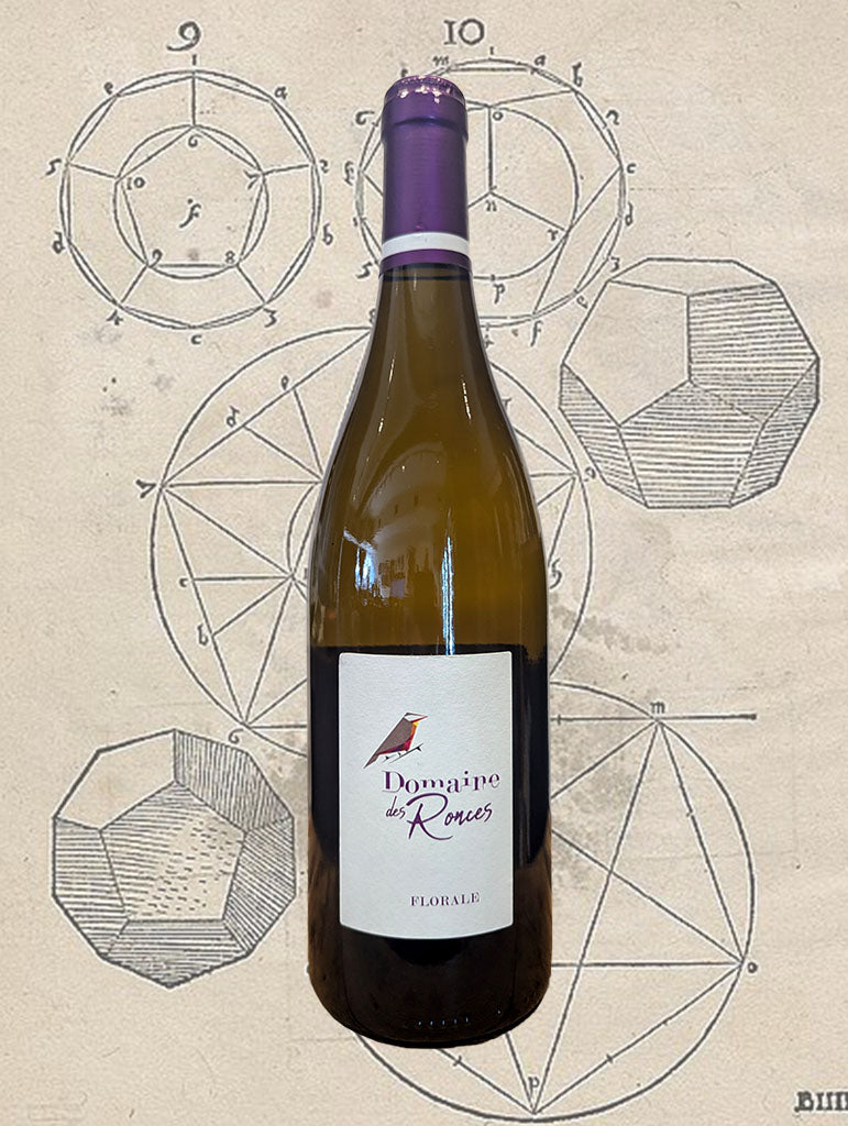 A bottle of Domaine des Ronces 'Florale' Chardonnay Cotes du Jura 2023 from Jura, France