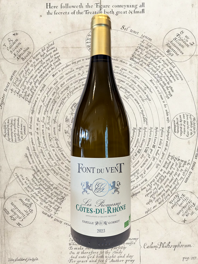 A bottle of Font du Vent 'Promises' Blanc 2023 from Cotes du Rhone, France - A smoothly floral and fruit forward Rhone Blanc! 
