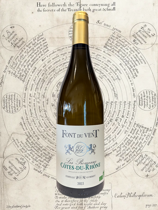 A bottle of Font du Vent 'Promises' Blanc 2023 from Cotes du Rhone, France - A smoothly floral and fruit forward Rhone Blanc! 