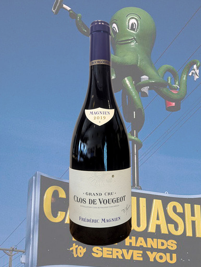 A bottle of Frederic Magnien Grand Cru Clos Vougeot Rouge 2019 from Burgundy, France