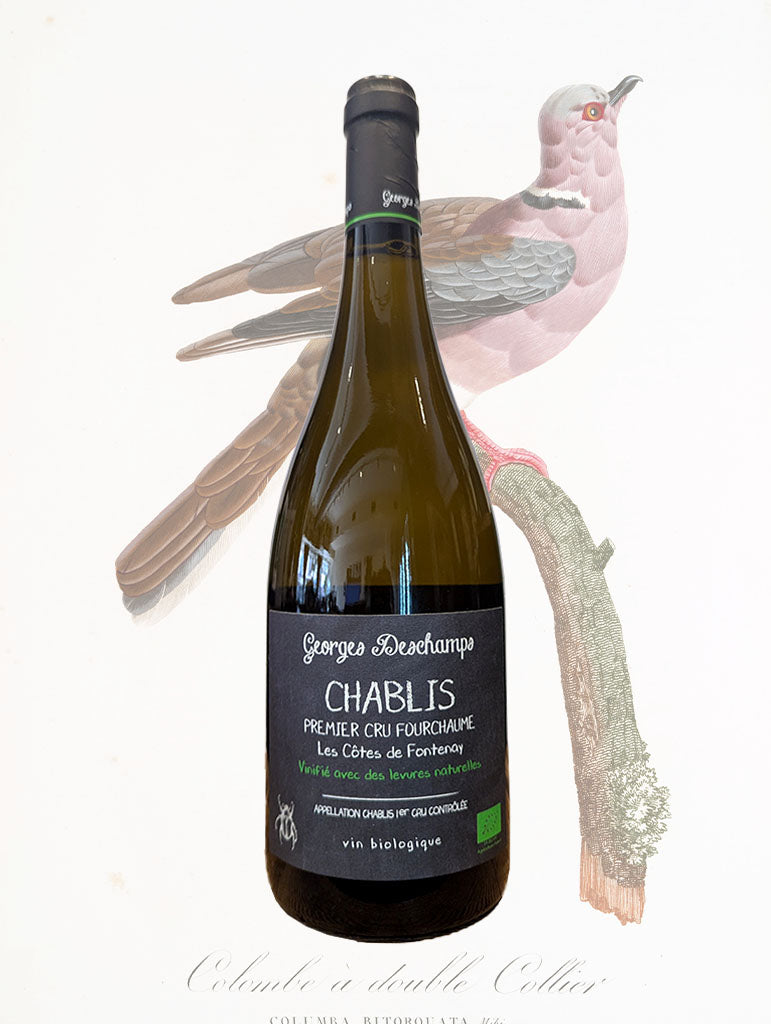 A bottle of George Deschamps Chablis 1er Cru Cotes de Fontenay 2022 from Burgundy, France