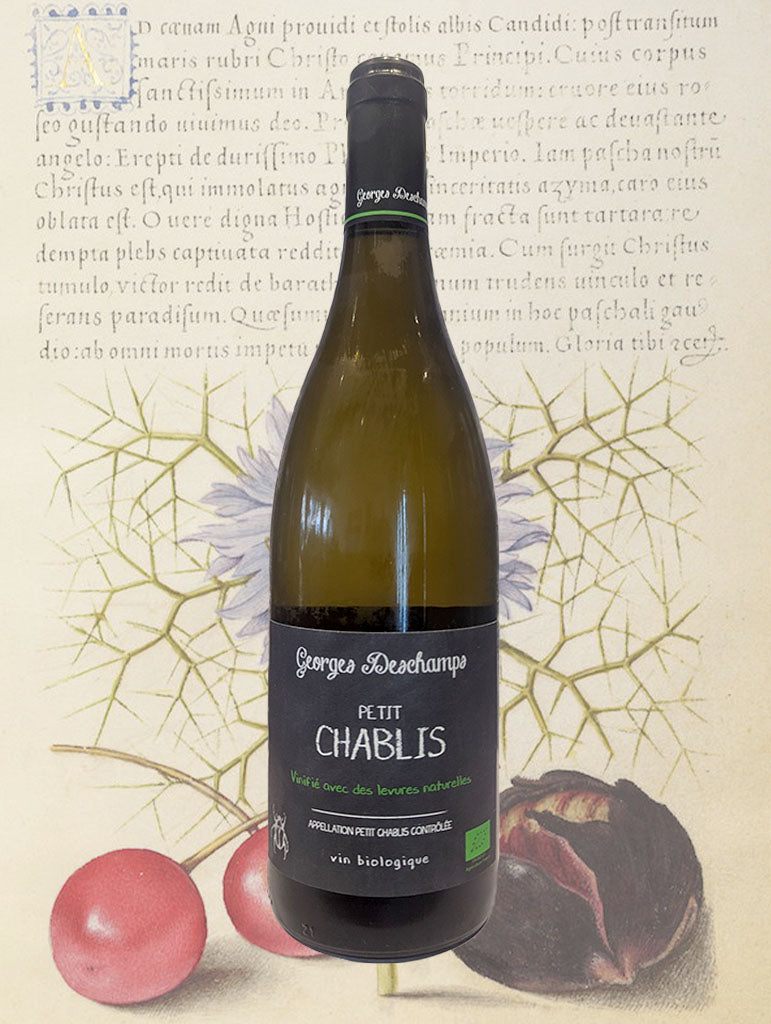 A bottle of Georges Deschamps Petit Chablis 2023 from Burgundy, France