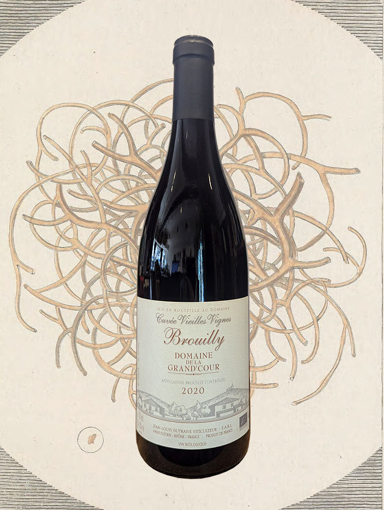 A bottle of Grand'Cou 'Vieilles Vignes' Brouilly 2020 from Beaujolais, France