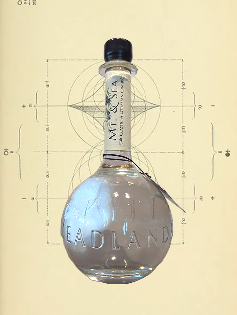 Bottle of Headland gin with a visible label on a beige background with geometric designs.