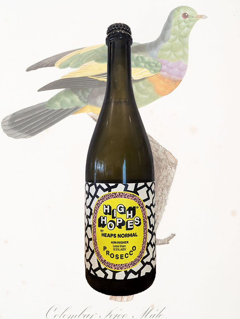 A bottle of Heaps Normal High Hopes Non-Alcoholic Prosecco