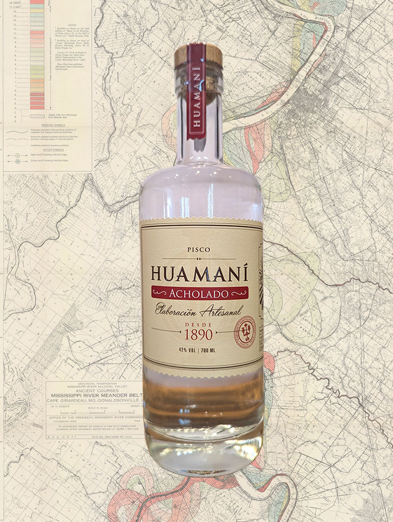 A bottle of Huamani 'Alcholado' Pisco from Ica, Peru