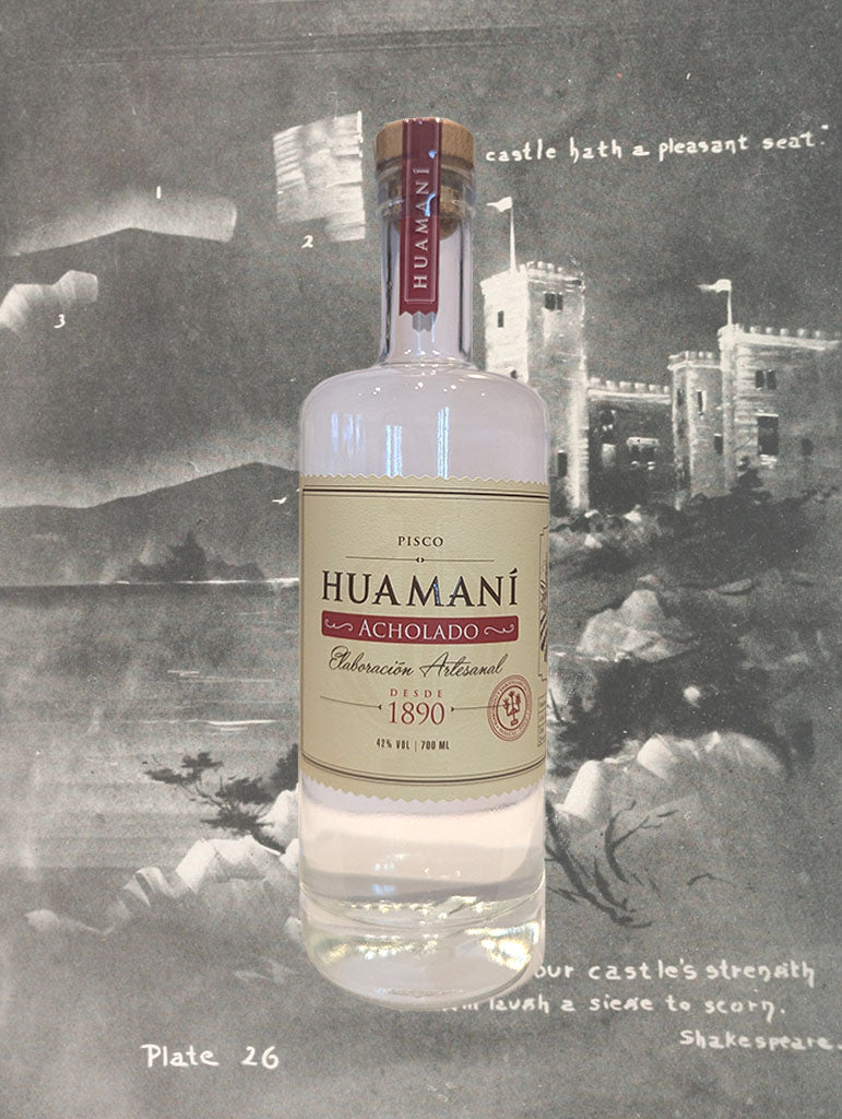 A bottle of Huamani 'Alcholado' Pisco from Ica, Peru